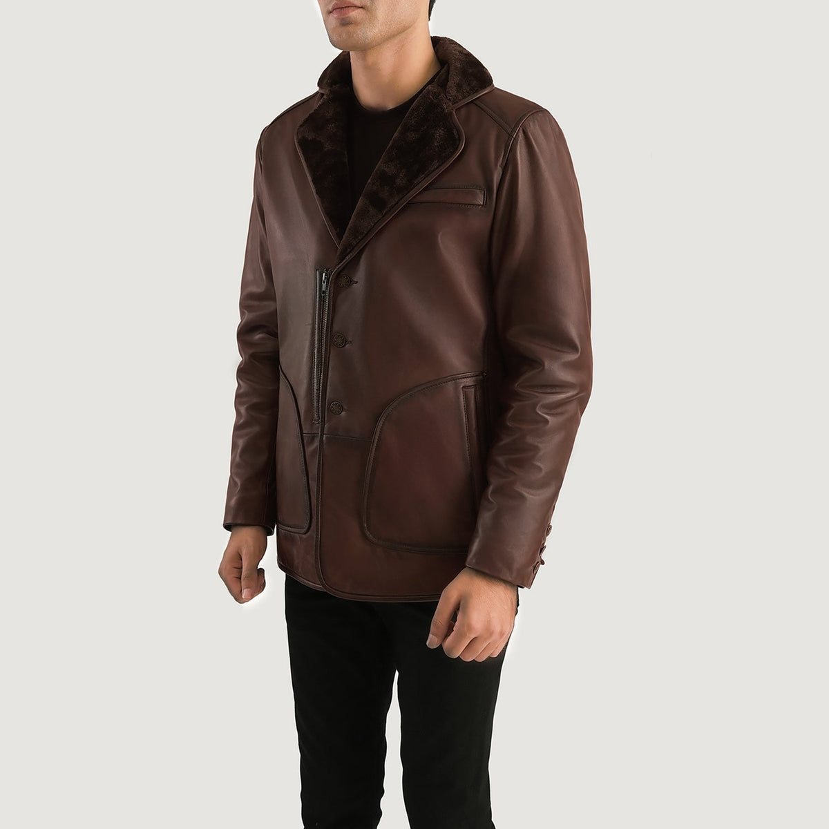 Distressed Brown Sheepskin Burnishing Aviator Jacket - Vista posteriore Showing Tailored Shoulder Fit &amp; Clean Hemline