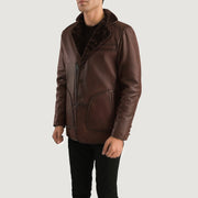 Distressed Brown Sheepskin Burnishing Aviator Jacket - Vista posteriore Showing Tailored Shoulder Fit &amp; Clean Hemline