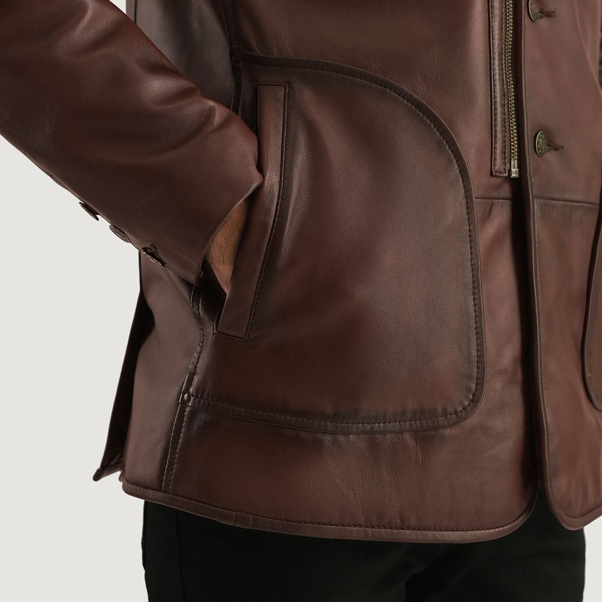 Men's Rocky Marrone Fur Cappotto in Pelle da Uomo - Lateral Side Profile View Showing Sleeve Cut &amp; Athletic Taper Fit