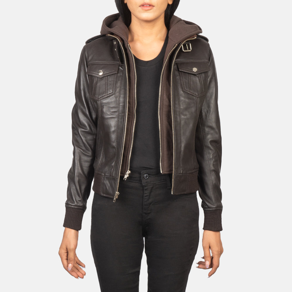 Women's Roslyn Brown Hooded Leather Bomber Jacket in Brown Sheepskin Leather - Vista frontale e linea su misura | Acquista online