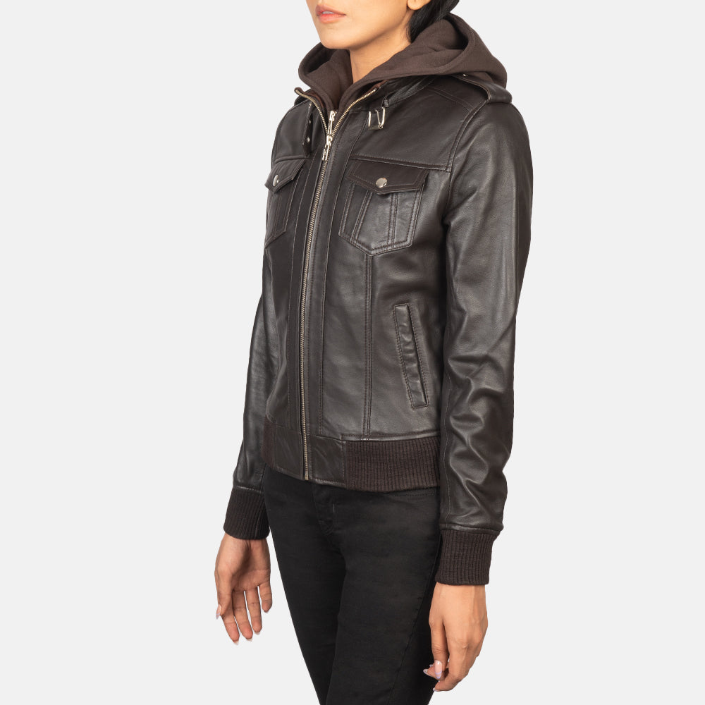 Brown Sheepskin Leather Bomber Jacket - Vista posteriore Showing Tailored Shoulder Fit &amp; Clean Hemline