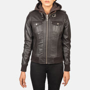 Dettaglio ravvicinato of High Neck with Belt &amp; Zipper Hardware on Women's Roslyn Brown Hooded Leather Bomber Jacket