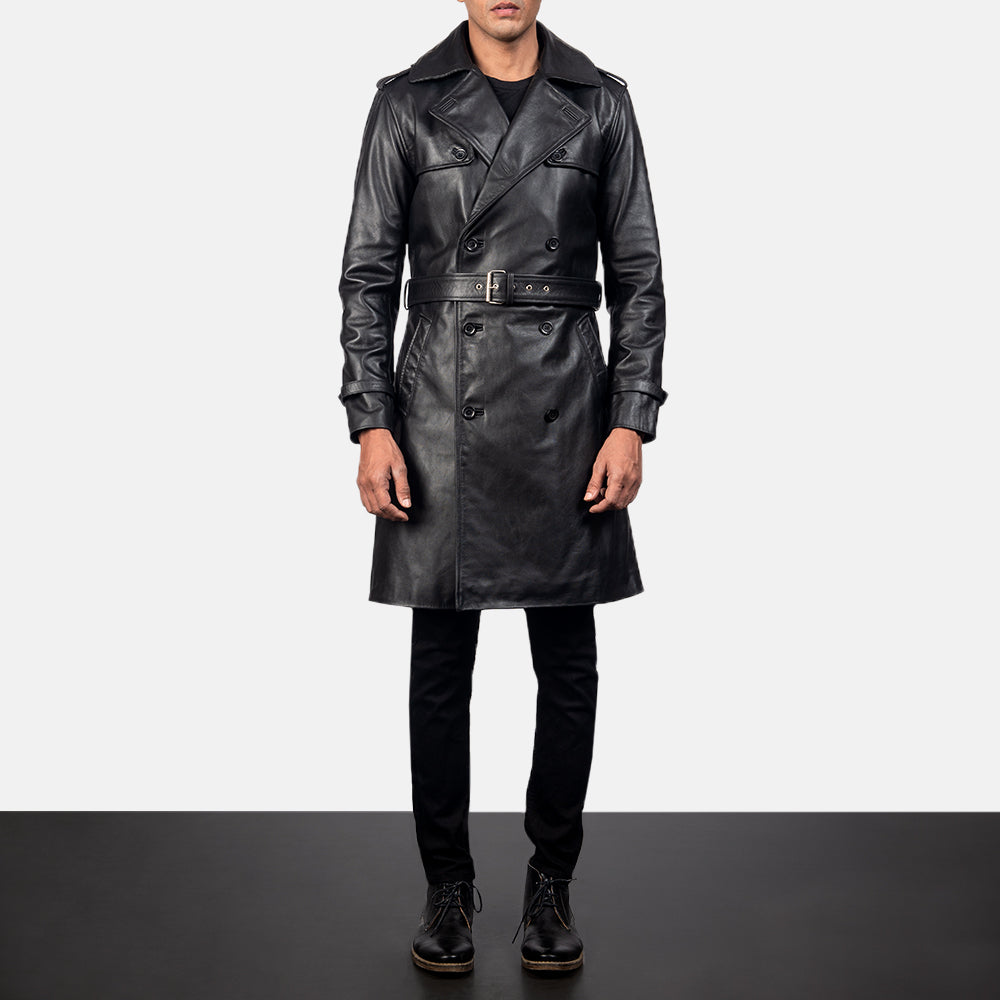 Men's Royson Nero Leather Duster Cappotto in Pelle da Uomo in Black Cowhide Leather - Vista frontale e linea su misura | Acquista online