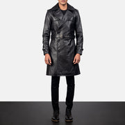 Men's Royson Nero Leather Duster Cappotto in Pelle da Uomo in Black Cowhide Leather - Vista frontale e linea su misura | Acquista online