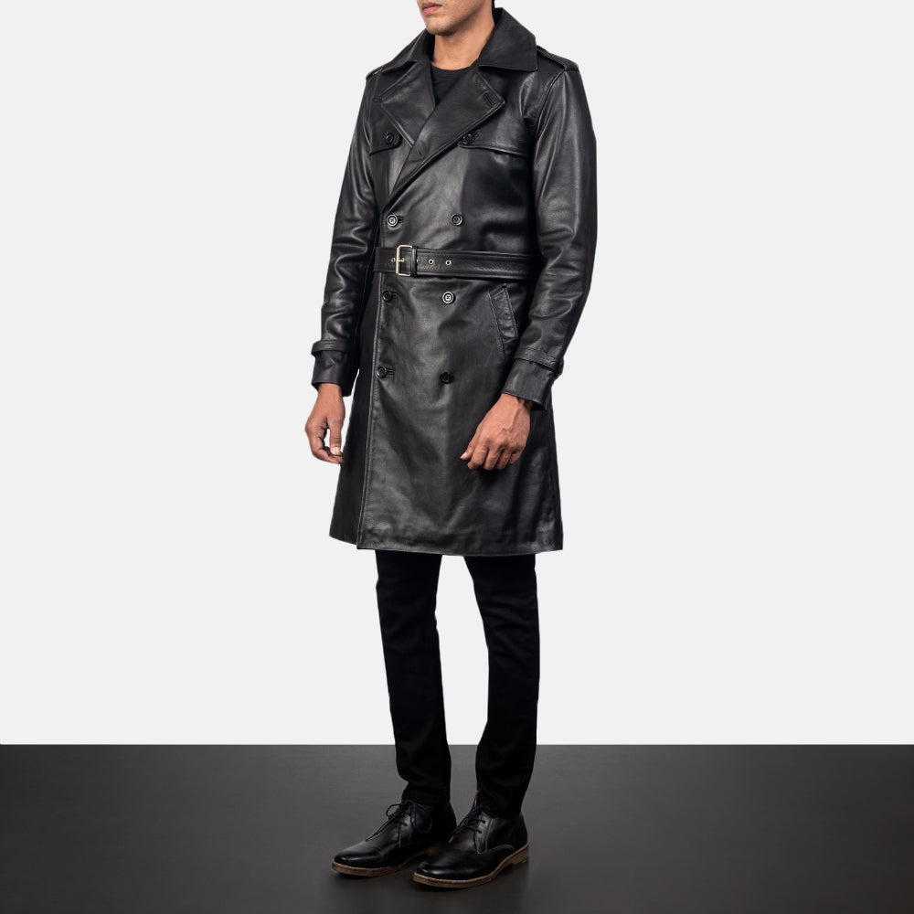 Black Cowhide Leather Trench Coat - Vista posteriore Showing Tailored Shoulder Fit &amp; Clean Hemline