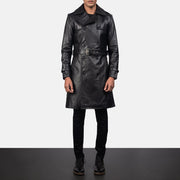 Dettaglio ravvicinato of Shirt &amp; Heavy-Duty Zipper Hardware on Men's Royson Nero Leather Duster Cappotto in Pelle da Uomo