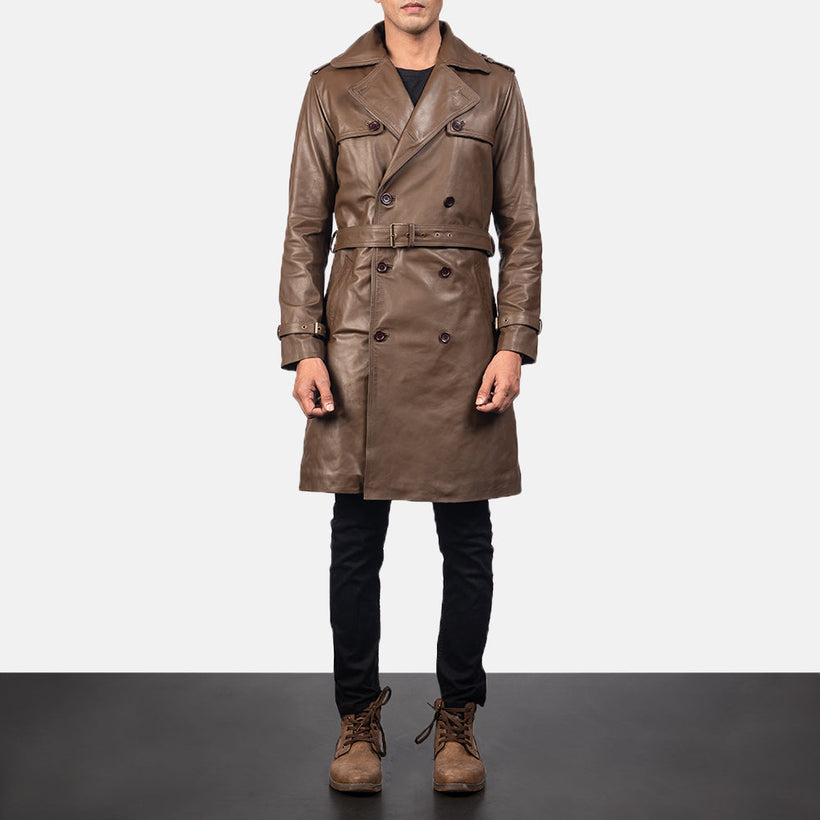 Royson Marrone Leather Duster Cappotto in Pelle da Uomo
