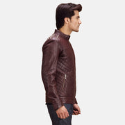 Maroon Sheepskin Leather Biker Jacket - Vista posteriore Showing Tailored Shoulder Fit &amp; Clean Hemline