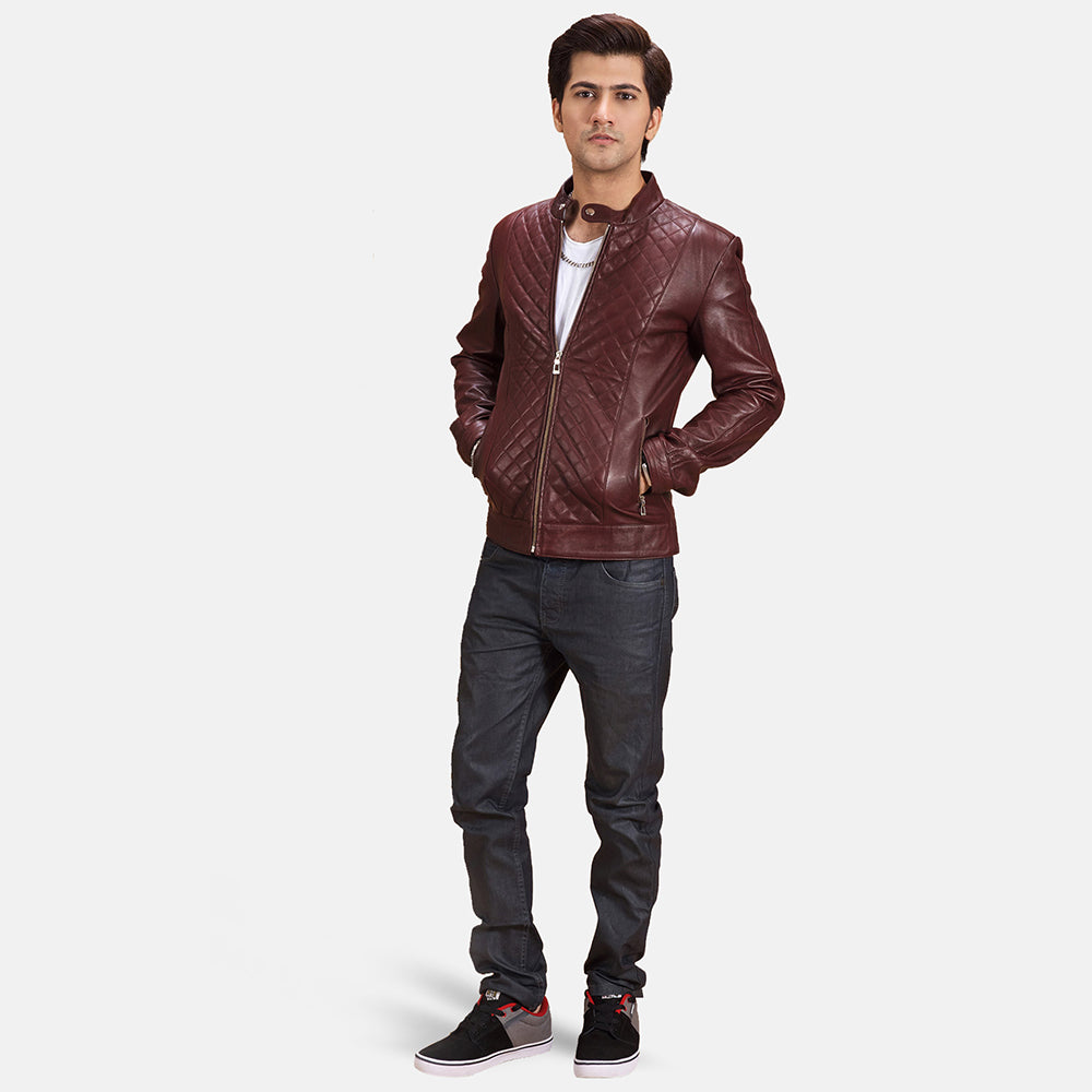 Rumano Jae Bordeaux Giacca Biker in Pelle da Uomo - Lateral Side Profile View Showing Sleeve Cut &amp; Athletic Taper Fit