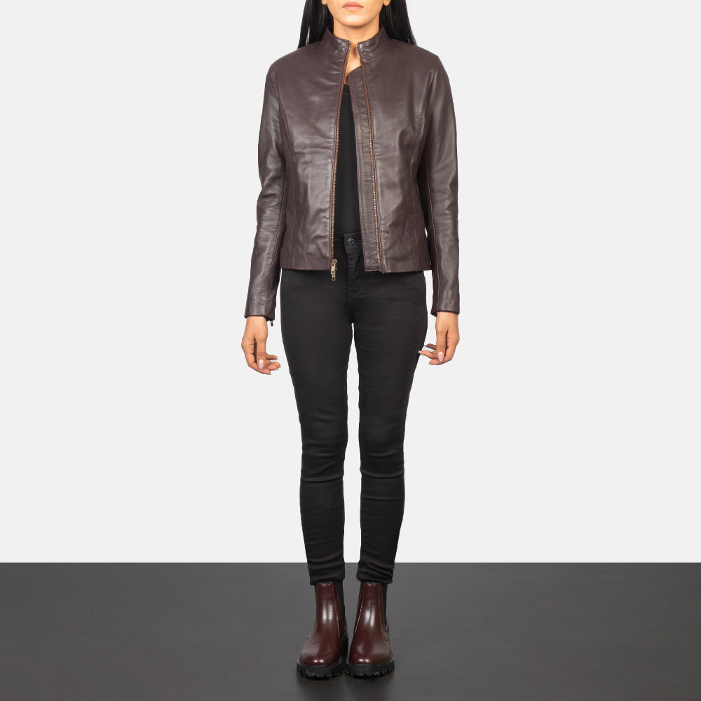 Women's Rumella Maroon Leather Biker Jacket - Lateral Side Profile View Showing Sleeve Cut &amp; Athletic Taper Fit
