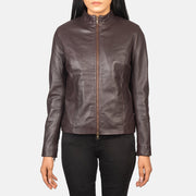 Dettaglio ravvicinato of Mandarin &amp; Zipper with Dual Puller Hardware on Women's Rumella Maroon Leather Biker Jacket