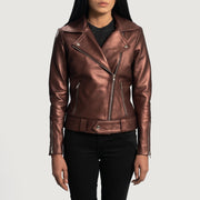 Women's Rumy Maroon Leather Biker Jacket in Maroon Sheepskin Leather - Vista frontale e linea su misura | Acquista online