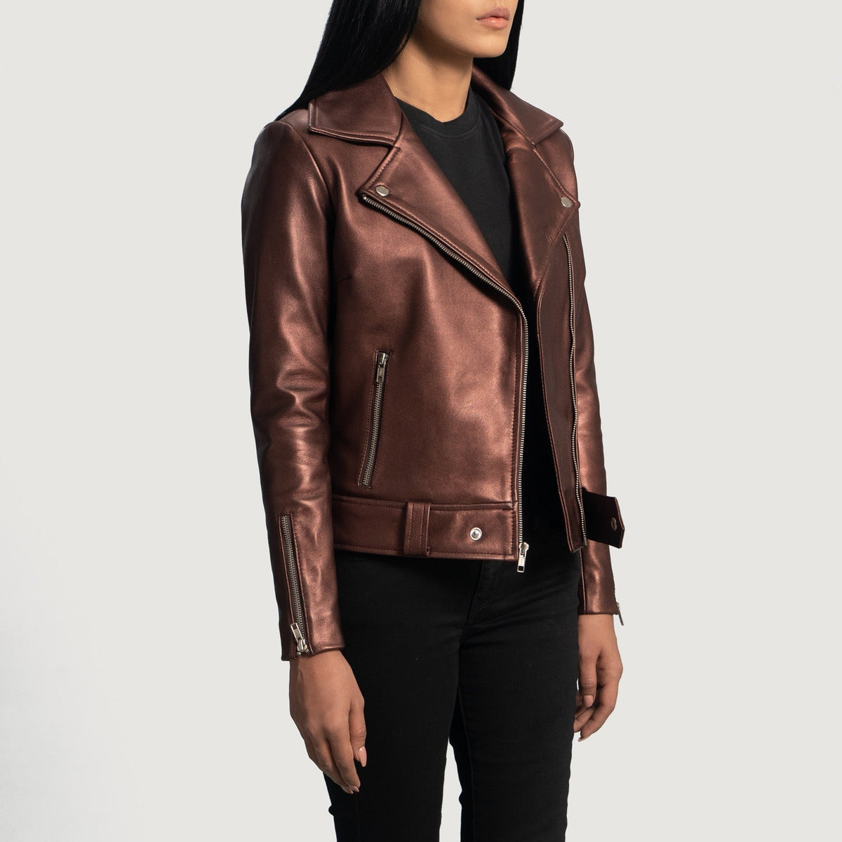 Maroon Sheepskin Leather Biker Jacket - Vista posteriore Showing Tailored Shoulder Fit &amp; Clean Hemline