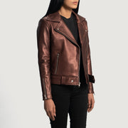 Maroon Sheepskin Leather Biker Jacket - Vista posteriore Showing Tailored Shoulder Fit &amp; Clean Hemline