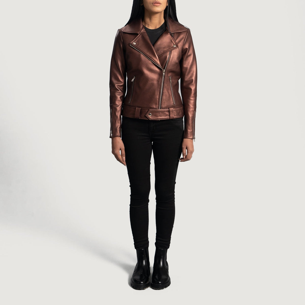 Dettaglio ravvicinato of Notch &amp; Zipper Hardware on Women's Rumy Maroon Leather Biker Jacket
