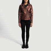 Dettaglio ravvicinato of Notch &amp; Zipper Hardware on Women's Rumy Maroon Leather Biker Jacket