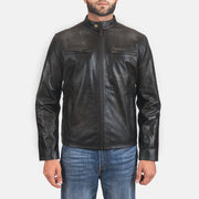Rustic Black Leather Biker Jacket in Distressed Black Cowhide Leather - Vista frontale e linea su misura | Acquista online