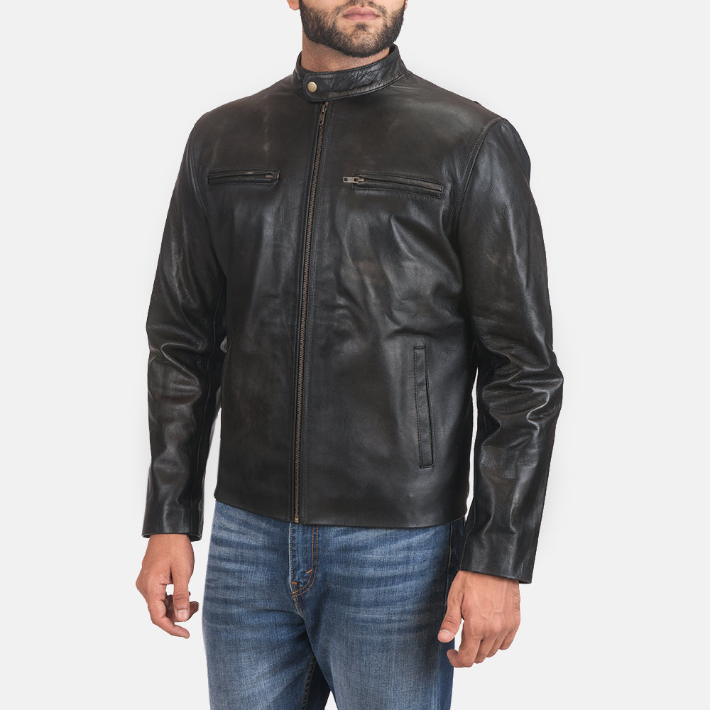 Distressed Black Cowhide Leather Biker Jacket - Vista posteriore Showing Tailored Shoulder Fit &amp; Clean Hemline