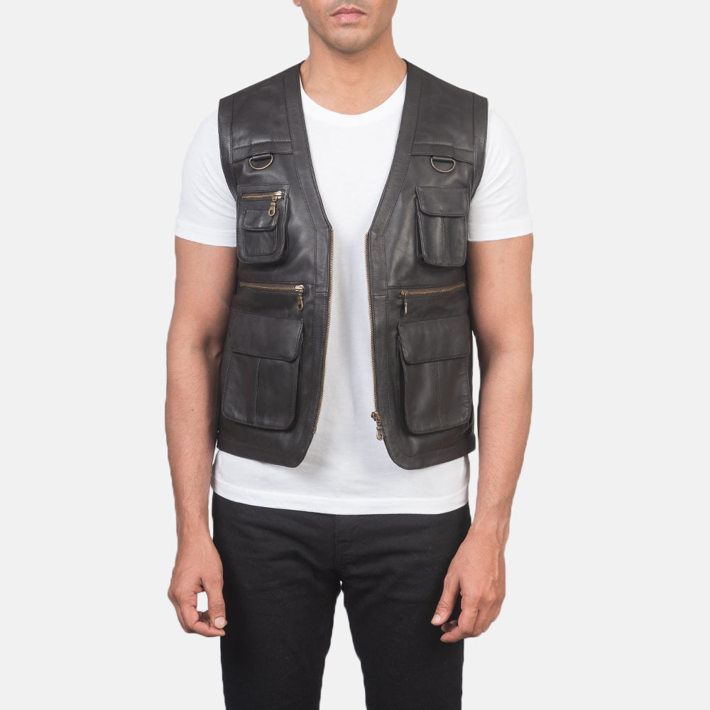 Men's Safari Marrone Gilet in Pelle da Uomo in Brown Sheepskin Leather - Vista frontale e linea su misura | Acquista online