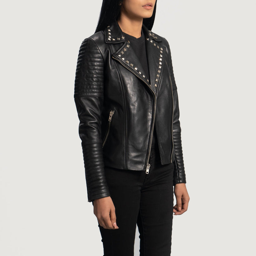 Sally Mae Studded Nero Giacca Biker in Pelle da Donna