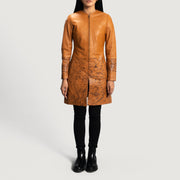 Dettaglio ravvicinato of Classic Collar &amp; Zipper Hardware on Women's Sandy Cuoio Dye Cappotto in Pelle da Donna