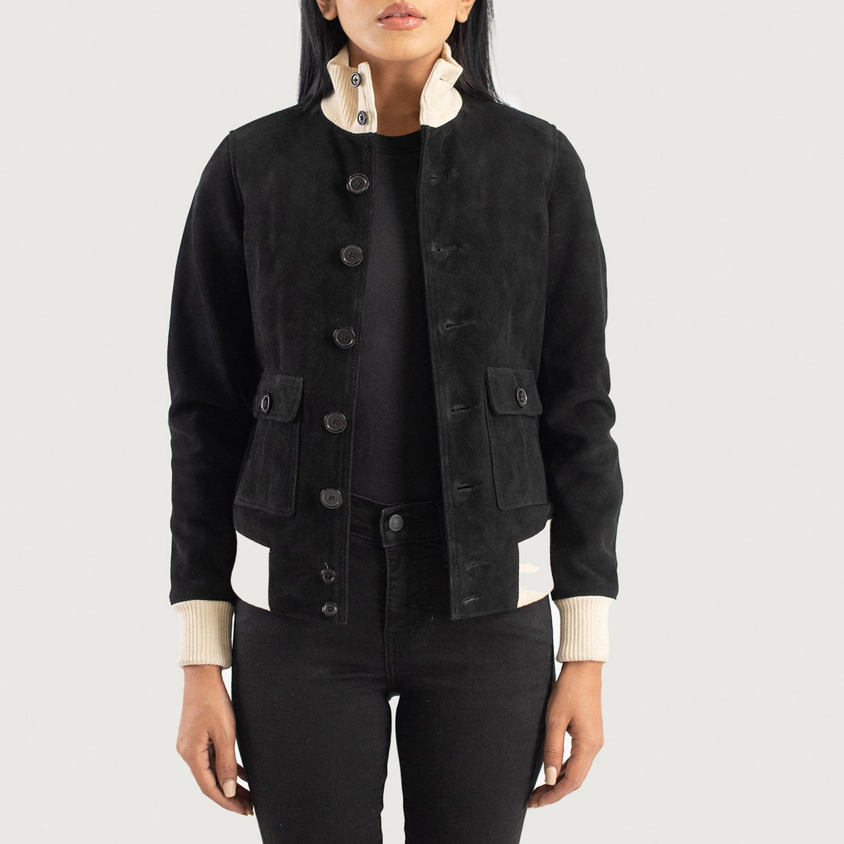 
Sasha A1 Black Suede Bomber Jacket in Black Goatskin Suede - Vista frontale e silhouette sartoriale | Acquista online