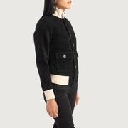 
Black Goatskin Suede Bomber Jacket - Vista posteriore con spalle definite e orlo pulito
