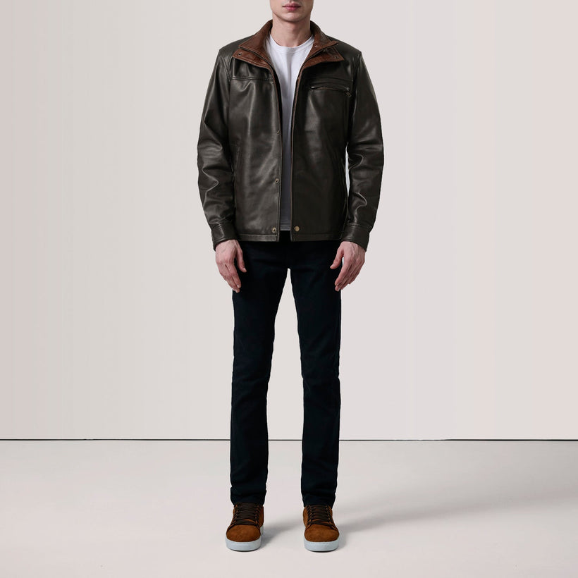 Sean Marrone Leather Classic Giacca in Pelle da Uomo