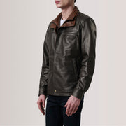 Sean Brown Leather Classic Jacket For Men - Lateral Side Profile View Showing Sleeve Cut & Athletic Taper Fit