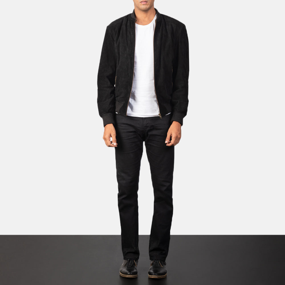Men's Shane Nero Suede Bomber in Pelle da Uomo - Lateral Side Profile View Showing Sleeve Cut &amp; Athletic Taper Fit
