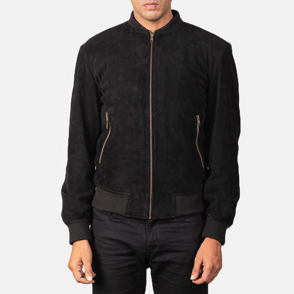 Dettaglio ravvicinato of Varsity &amp; Zipper Hardware on Men's Shane Nero Suede Bomber in Pelle da Uomo