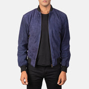 Men's Shane Navy Blue Suede Bomber Jacket in Blue Goatskin Suede - Vista frontale e linea su misura | Acquista online