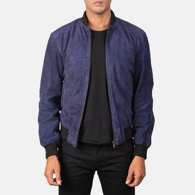 Shane Blu Suede Bomber in Pelle da Uomo