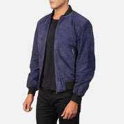 Blue Goatskin Suede Bomber Jacket - Vista posteriore Showing Tailored Shoulder Fit &amp; Clean Hemline
