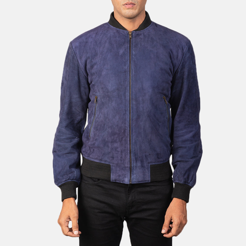 Dettaglio ravvicinato of Varsity &amp; Zipper Hardware on Men's Shane Navy Blue Suede Bomber Jacket