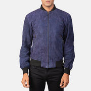 Dettaglio ravvicinato of Varsity &amp; Zipper Hardware on Men's Shane Navy Blue Suede Bomber Jacket
