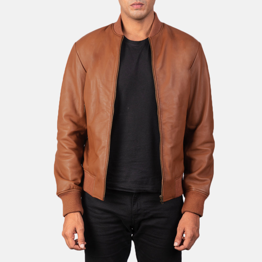 Men's Shane Marrone Bomber in Pelle da Uomo in Brown Sheepskin Leather - Vista frontale e linea su misura | Acquista online