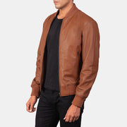 Brown Sheepskin Leather Bomber Jacket - Vista posteriore Showing Tailored Shoulder Fit &amp; Clean Hemline