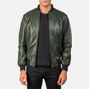 Men's Shane Army Green Leather Bomber Jacket in Green Sheepskin Leather - Vista frontale e linea su misura | Acquista online