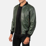 Green Sheepskin Leather Bomber Jacket - Vista posteriore Showing Tailored Shoulder Fit &amp; Clean Hemline