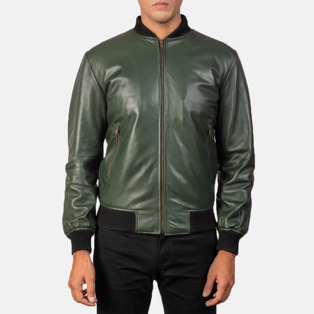 Men's Shane Army Green Leather Bomber Jacket - Lateral Side Profile View Showing Sleeve Cut &amp; Athletic Taper Fit