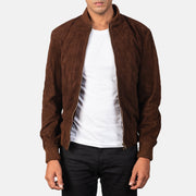 Men's Shane Dark Mocha Brown Suede Bomber Jacket in Dark Brown Goatskin Suede - Vista frontale e linea su misura | Acquista online