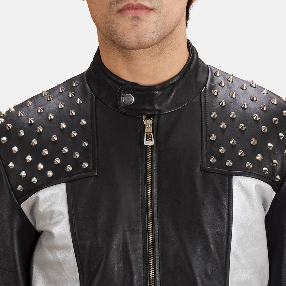 Dettaglio ravvicinato of Band with snap button &amp; Zipper Hardware on Shapron Studded Giacca Biker in Pelle da Uomo