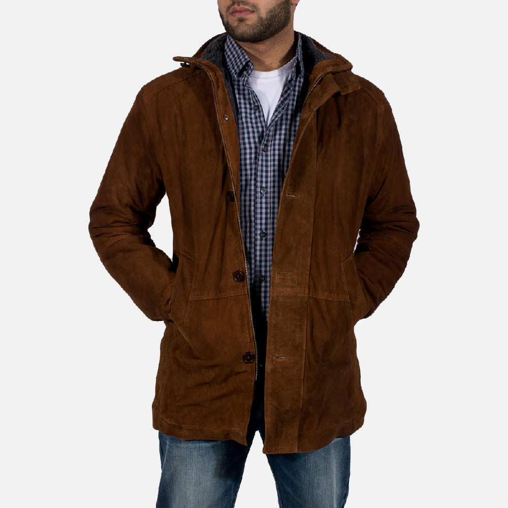 Men's Sheriff Marrone Giacca Scamosciata da Uomo in Brown Goatskin Suede - Vista frontale e linea su misura | Acquista online