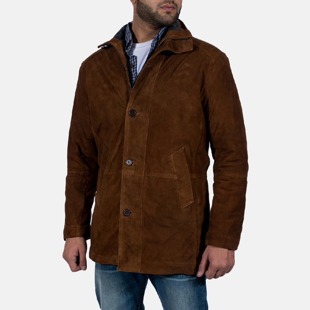 Men's Sheriff Marrone Giacca Scamosciata da Uomo - Lateral Side Profile View Showing Sleeve Cut &amp; Athletic Taper Fit