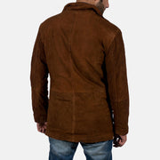 Dettaglio ravvicinato of High neck &amp; Zipper with Button Flap Hardware on Men's Sheriff Marrone Giacca Scamosciata da Uomo