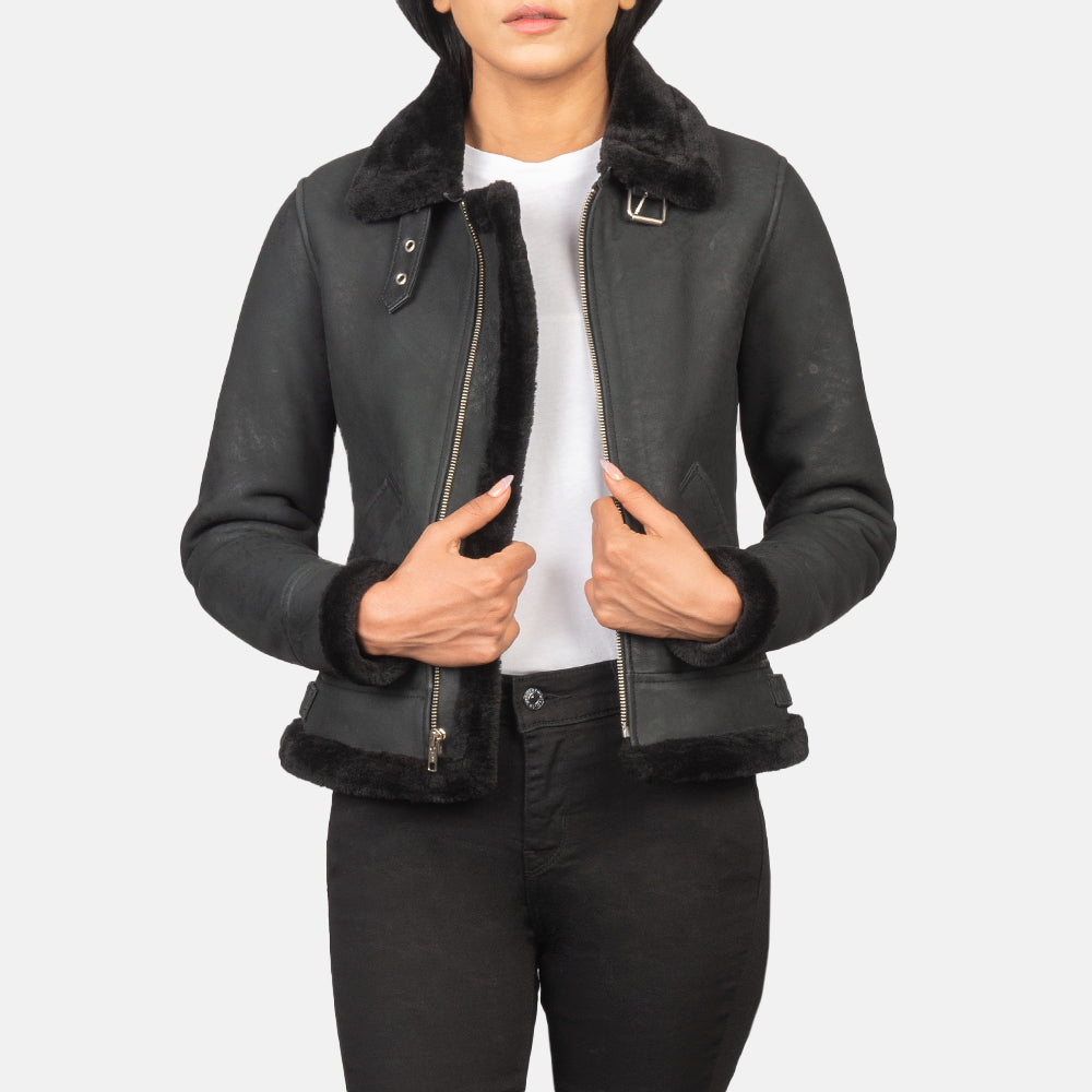Women's Sherilyn B-3 Distressed Black Leather Bomber Jacket in Distressed Black Sheepskin Snuffed - Vista frontale e linea su misura | Acquista online