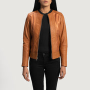 Women's Sleeky Clean Cuoio Giacca Biker in Pelle da Donna in Tan Brown Sheepskin Leather - Vista frontale e linea su misura | Acquista online