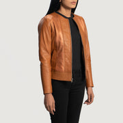 Tan Brown Sheepskin Leather Biker Jacket - Vista posteriore Showing Tailored Shoulder Fit &amp; Clean Hemline