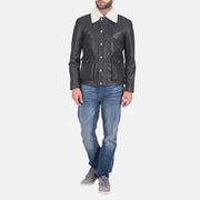 
Dettaglio ravvicinato of Shirt style Faux Shearling Collar & Zipper + Button Flap Hardware on Snow Cole Nero Giacca in Pelle da Uomo